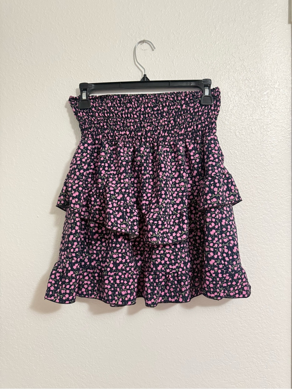 Smocked Waist Pink Floral Tiered Mini Skirt